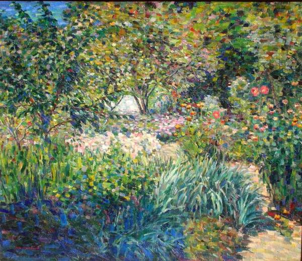 Julian Greenwell - "Summer Garden" - Oil on canvas - 34" x 40" - Signed lower left<br><br>Remnants of exhibition label on reverse: PanAmerican Exhibition, Los Angeles Museum/1925. Also, exhibition stamp on stretcher and canvas.<br><br>A capable painter and with Hansen as a neighbor and mentor…Greenwell employs a strong primary color palette (as Hansen) and uses his "green well", though he had a more decorative feeling in his paint application.<br><br>A example of the "Hansenian era" of the Monterey group and would hang in context with Lucy Pierce, Albert Barrows, Gus Gay, Helen Forbes, Phillips Lewis, the Brutons, etc.