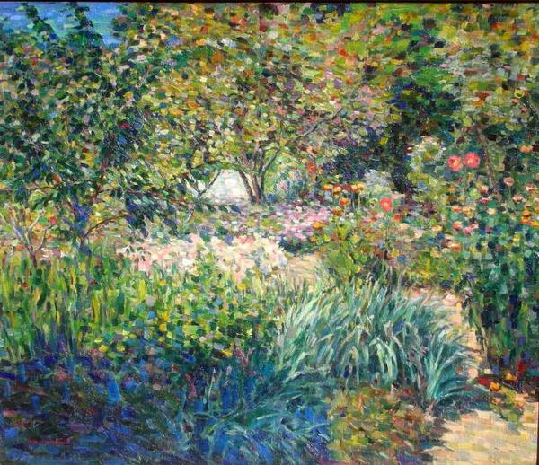 Julian Greenwell - "Summer Garden" - Oil on canvas - 34" x 40" - Signed lower left
<br>
<br>Remnants of exhibition label on reverse: PanAmerican Exhibition, Los Angeles Museum/1925. Also, exhibition stamp on stretcher and canvas.
<br>
<br>A capable painter and with Hansen as a neighbor and mentor…Greenwell employs a strong primary color palette (as Hansen) and uses his "green well", though he had a more decorative feeling in his paint application.
<br>
<br>A example of the "Hansenian era" of the Monterey group and would hang in context with Lucy Pierce, Albert Barrows, Gus Gay, Helen Forbes, Phillips Lewis, the Brutons, etc.