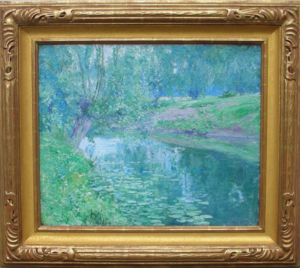 Guy Rose - "The Backwater" - Oil on canvas - 19 5/8" x 24" - Signed lower right
<br>Titled on reverse canvas
<br>Exhibited: P.P.I.E. - 1915
<br>
<br>In 1915 Rose was as active in the arts as at any point in his career and apparently in good health. In addition to his show at the Steckel and Battey galleries, he became a member of the board of governors of the Los Angeles Museum of History, Science and Art, founded in 1913. He also joined the largest and most powerful local art organization, the California Art Club.
<br>
<br>It was in that same year that Rose exhibited two oil paintings  - "The Backwater", and "November Twilight" in California's most important exhibition up to that date, the Panama-Pacific International Exposition, held in San Francisco, an international fair organized to celebrate the opening of the Panama Canal in 1915. 
<br>
<br>Source:
<br>Guy Rose-American Impressionist
<br>by Will South
<br>The Oakland Museum and The Irvine Museum/1995