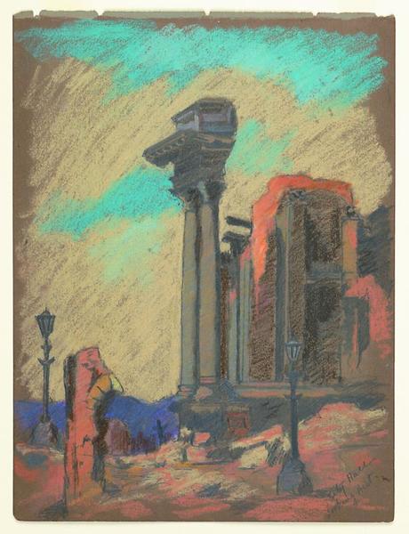 Mary DeNeale Morgan - Ruins-City Hall looking west - Mixed media - 11 3/4" x 8 3/4"