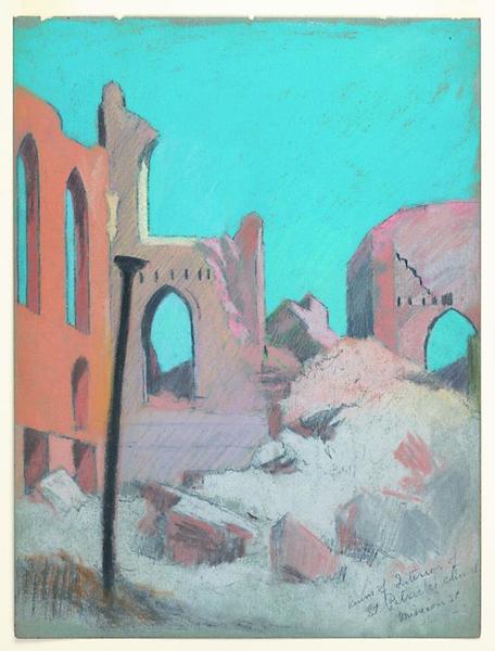 Mary DeNeale Morgan - Ruins of interior of St. Patrick's Church, Mission St. and Third - Mixed media - 11 3/4" x 8 3/4"