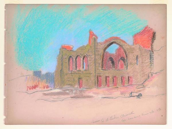 Mary DeNeale Morgan - Ruins of St. Lukes Church, corner Van Ness & Pine Streets - Mixed media - 8 3/4" x 11 3/4"