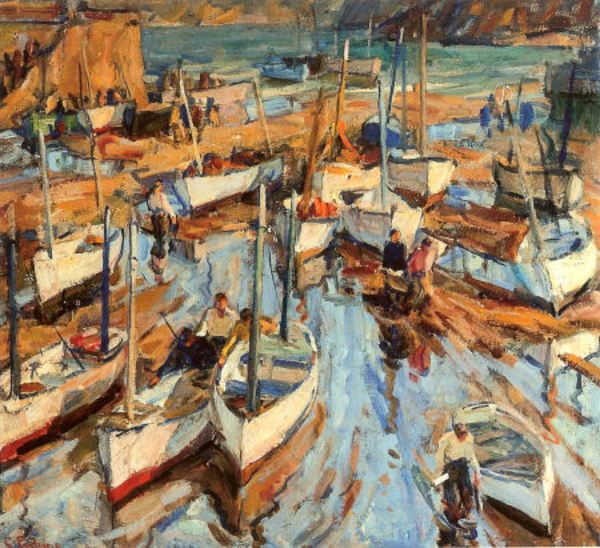 E. Charlton Fortune - "Harbour Floor, St. Ives" - Oil on canvas - 18" x 20" - Signed lower left
<br>Signed and titled on reverse stretcher
<br>Exhibition labels on reverse