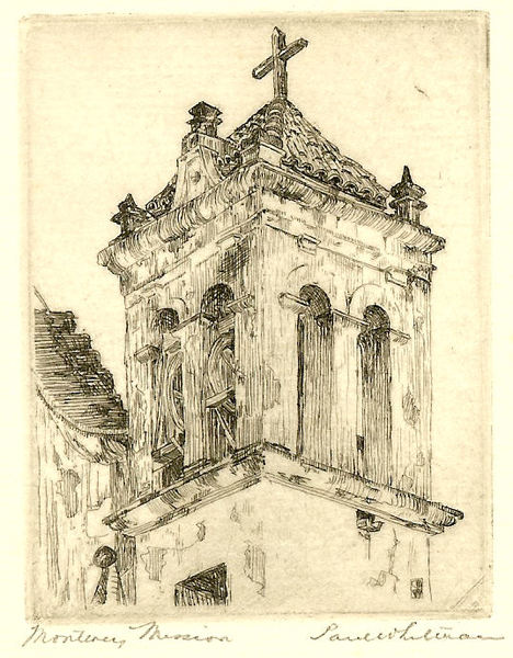 Paul Whitman - "Monterey Mission" - Etching - 3 1/8" x 2 1/2" - 50 Proofs. 
<br>Plate: Monogram lower right
<br>Titled L.L. in pencil; signed L.R. in pencil
<br>Directly from the estate of Paul Whitman