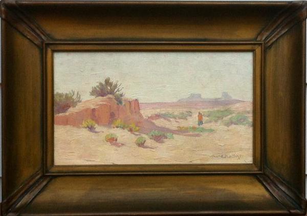 Warren E. Rollins - "Indian in the Desert" - Oil on board - 8 1/4" 14 1/4"