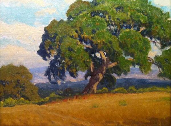 Arthur Hill Gilbert, A.N.A. - "Mesa Oaks" - Oil on canvasboard - 9" x 12" - Signed lower right
<br>Titled on reverse