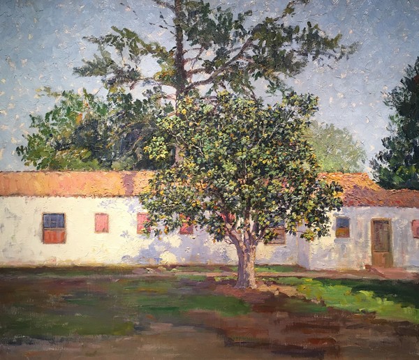 Evelyn McCormick - "Spanish Bungalow, Hotel Del Monte" - Oil on canvas - 26" x 30" - Authentication on reverse by artist/friend Myron A. Oliver<br><br>The setting for this painting is on the grounds of the Hotel Del Monte depicting one of several individual cottages referred to as Spanish Bungalows. Artist, Francis McComas, was given residence in one such bungalow by his patron and close friend, S.F.B. Morse.