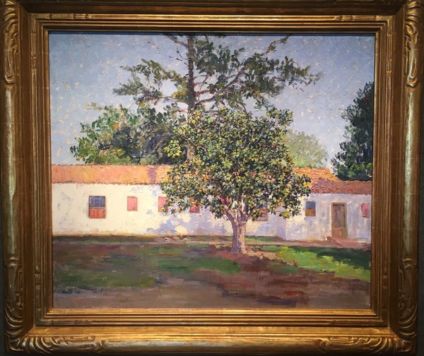 Evelyn McCormick - "Spanish Bungalow, Hotel Del Monte" - Oil on canvas - 26" x 30" - Authentication on reverse by artist/friend Myron A. Oliver
<br>
<br>The setting for this painting is on the grounds of the Hotel Del Monte depicting one of several individual cottages referred to as Spanish Bungalows. Artist, Francis McComas, was given residence in one such bungalow by his patron and close friend, S.F.B. Morse.