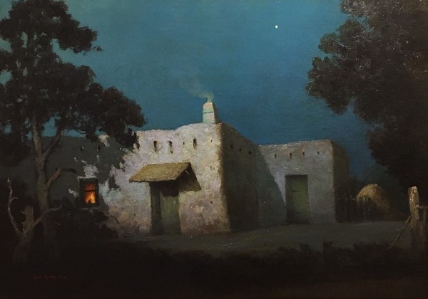 Will Sparks - "Moonlit Adobe" - Oil on canvas - 20" x 28" - Signed and dated lower left<br>Dated August, 1927 on reverse<br><br>Exhibited:<br>Mary Porter Sesnon Art Gallery/UC Santa Cruz at Porter College<br>'Mary Porter Sesnon and Pino Alto', April 12 to May 12, 2018.<br>An exhibition celebrating the life of Mary Porter Sesnon (1868-1930) and her influences on the arts in Santa Cruz County, originating with her historic home, Pino Alto, where they hosted cultural salons from 1911 to 1927.<br><br>The exhibition contained many sketches and watercolors from a scrapbook made during these salons, calligraphy by Ms. Sesnon, along with paintings by California artists Will Sparks, Ferdinand Burgdorff, Haig Patigian, Frank Unger, Charles Dickman, Margaret Rogers, Leonora Penniman, and Cor de Gavere.