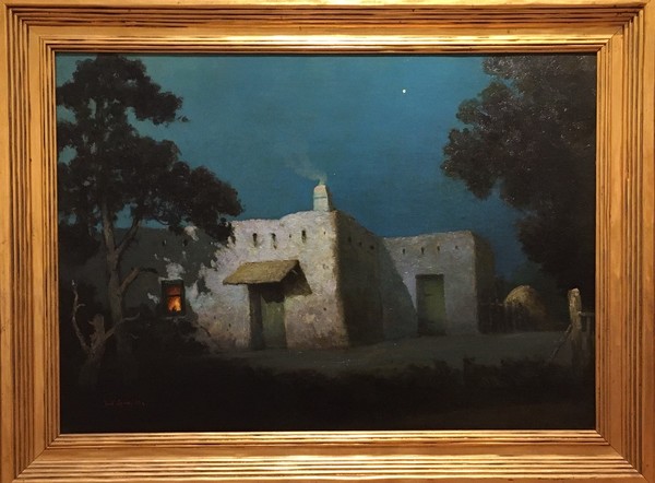 Will Sparks - "Moonlit Adobe" - Oil on canvas - 20" x 28" - Signed and dated lower left<br>Dated August, 1927 on reverse<br><br>Exhibited:<br>Mary Porter Sesnon Art Gallery/UC Santa Cruz at Porter College<br>'Mary Porter Sesnon and Pino Alto', April 12 to May 12, 2018.<br>An exhibition celebrating the life of Mary Porter Sesnon (1868-1930) and her influences on the arts in Santa Cruz County, originating with her historic home, Pino Alto, where they hosted cultural salons from 1911 to 1927.<br><br>The exhibition contained many sketches and watercolors from a scrapbook made during these salons, calligraphy by Ms. Sesnon, along with paintings by California artists Will Sparks, Ferdinand Burgdorff, Haig Patigian, Frank Unger, Charles Dickman, Margaret Rogers, Leonora Penniman, and Cor de Gavere.