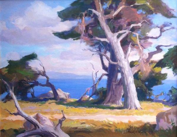 Frank Harmon Myers - "Path by the Sea" - Oil on masonite - 22" x 28" - Signed lower right
<br>Titled and signed on reverse