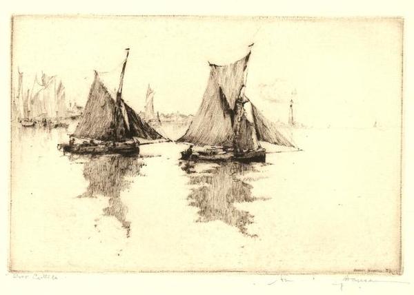 Armin C. Hansen, N.A. - "Two Cutters" - Etching and drypoint - 3 7/8" x 6" - Plate: Signed and dated, lower right: Armin Hansen '39
<br>Titled in pencil lower left
<br>Signed in pencil lower right
<br>
<br>Directly from the estate of Armin C. Hansen.
<br> 
<br>llustrated: 'The Graphic Art of Armin C. Hansen, A Catalogue Raisonne' by Anthony  R. White/1986. Plate 149, page 165.
