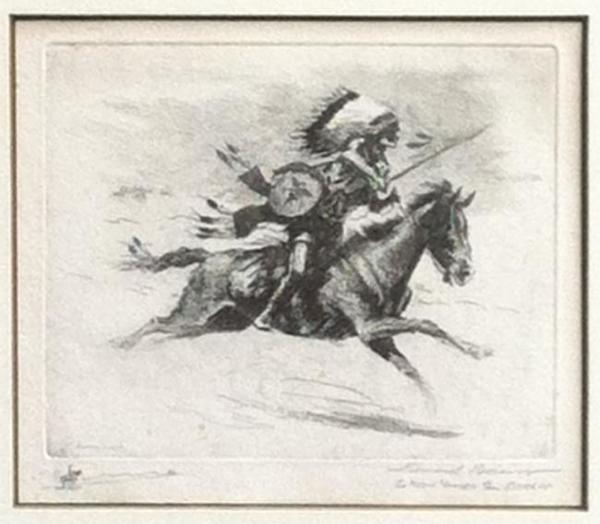 Edward Borein - "Charging Hawk" - Etching and drypoint - 4 3/8" x 5 3/8"