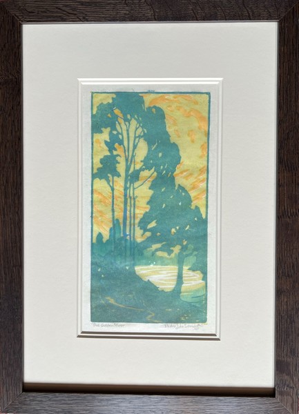 Pedro J. de Lemos - "The Golden Hour" - Color block print - 10.25" x 5.25" - Titled in pencil lower left
<br>Signed in pencil lower right
<br>
<br>Exhibited:
<br>Carmel Art Association/'95 Years' - A Commemorative Exhibition Catalog of Selected Works Honoring Late CAA Artist Members: 1927/2022
<br>
<br>Illustrated page 46, plate 35-B.