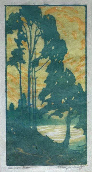 Pedro J. de Lemos - "The Golden Hour" Pedro J. de Lemos - "The Golden Hour" - Color block print - 10.25" x 5.25" - Titled in pencil lower left
<br>Signed in pencil lower right
<br>
<br>Exhibited:
<br>Carmel Art Association/'95 Years' - A Commemorative Exhibition Catalog of Selected Works Honoring Late CAA Artist Members: 1927/2022
<br>
<br>Illustrated page 46, plate 35-B.