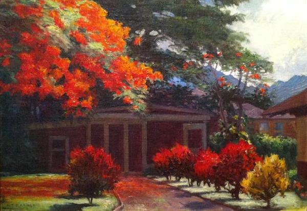 Helen Thomas Dranga - Helen Dranga's Home - O'ahu - Oil on canvasboard - 14" x 20"