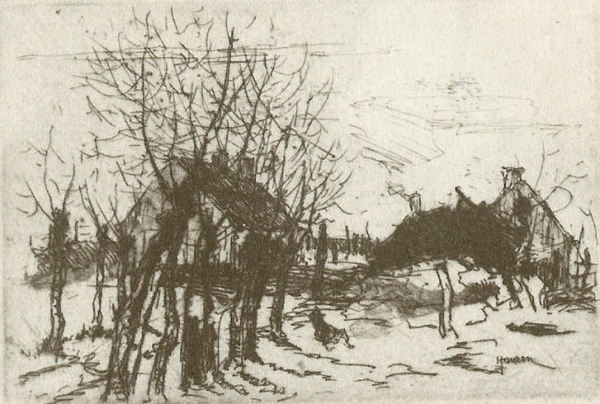 Depicts a seemingly cold winter day. Barren trees line up - the trunks obscuring most of the barn in the background on the left side of the etching and drypoint and the farm house on the right.