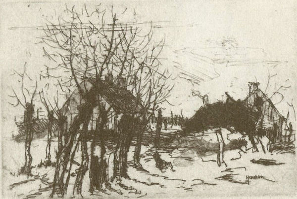 Armin C. Hansen, N.A. - "Belgian Farm" Depicts a seemingly cold winter day. Barren trees line up - the trunks obscuring most of the barn in the background on the left side of the etching and drypoint and the farm house on the right.