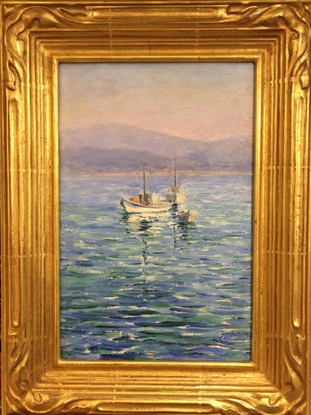 Lillie May Nicholson - "Three Boats in Monterey Bay" - Oil on board - 11" x 7" - Signed lower right<br>Dated October 1922 on reverse<br><br>Lillie May Nicholson is noted for her Impressionistic paintings of coastal landscapes and fishing scenes executed with loose brush strokes and vivid broken palette. Or…vivid, broken color.<br><br>Nicholson was born on a ranch in Aromas, California, in 1884. After attending the PPIE in SF in 1915 she enrolled in the California School of Fine Arts and was greatly influenced by her instructor, Gottardo Piazzoni. She actively exhibited in San Francisco and became a charter member of the San Francisco Society of Women Artists in 1925.<br><br>She was an early member of the Carmel Art Association and exhibited there in 1927-1928. Nicholson maintained a studio in Pacific Grove until the mid-1930s specializing in the beautiful California coastline and the fishing industry around Monterey. Her studio attracted a number of visitors from the local art colonies, including Louise M. Carpenter, Jeanette Maxfield Lewis, Roberta Balfour and Bertha Stringer Lee.<br><br>She left her art career behind in 1938 and resided permanently in the San Francisco Bay Area until her death in Oakland. Her work was rediscovered in 1979 when a trunk was found on the family ranch containing most of her oeuvre.