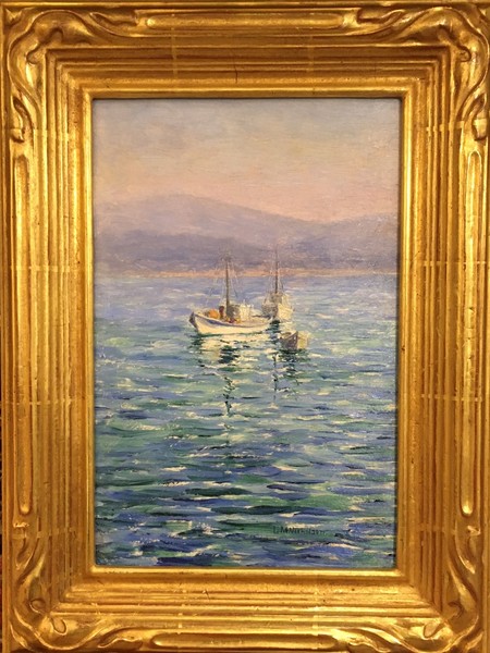 Lillie May Nicholson - "Three Boats in Monterey Bay" - Oil on board - 11" x 7" - Signed lower right
<br>Dated October 1922 on reverse
<br>
<br>Lillie May Nicholson is noted for her Impressionistic paintings of coastal landscapes and fishing scenes executed with loose brush strokes and vivid broken palette. Or…vivid, broken color.
<br>
<br>Nicholson was born on a ranch in Aromas, California, in 1884. After attending the PPIE in SF in 1915 she enrolled in the California School of Fine Arts and was greatly influenced by her instructor, Gottardo Piazzoni. She actively exhibited in San Francisco and became a charter member of the San Francisco Society of Women Artists in 1925.
<br>
<br>She was an early member of the Carmel Art Association and exhibited there in 1927-1928. Nicholson maintained a studio in Pacific Grove until the mid-1930s specializing in the beautiful California coastline and the fishing industry around Monterey. Her studio attracted a number of visitors from the local art colonies, including Louise M. Carpenter, Jeanette Maxfield Lewis, Roberta Balfour and Bertha Stringer Lee.
<br>
<br>She left her art career behind in 1938 and resided permanently in the San Francisco Bay Area until her death in Oakland. Her work was rediscovered in 1979 when a trunk was found on the family ranch containing most of her oeuvre.