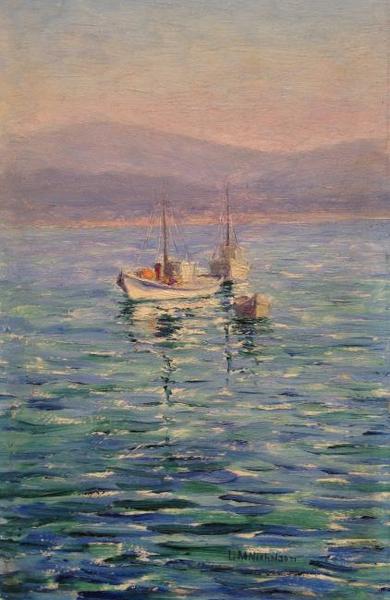 Lillie May Nicholson - "Three Boats in Monterey Bay" - Oil on board - 11" x 7" - Signed lower right
<br>Dated October 1922 on reverse
<br>
<br>Lillie May Nicholson is noted for her Impressionistic paintings of coastal landscapes and fishing scenes executed with loose brush strokes and vivid broken palette. Or…vivid, broken color.
<br>
<br>Nicholson was born on a ranch in Aromas, California, in 1884. After attending the PPIE in SF in 1915 she enrolled in the California School of Fine Arts and was greatly influenced by her instructor, Gottardo Piazzoni. She actively exhibited in San Francisco and became a charter member of the San Francisco Society of Women Artists in 1925.
<br>
<br>She was an early member of the Carmel Art Association and exhibited there in 1927-1928. Nicholson maintained a studio in Pacific Grove until the mid-1930s specializing in the beautiful California coastline and the fishing industry around Monterey. Her studio attracted a number of visitors from the local art colonies, including Louise M. Carpenter, Jeanette Maxfield Lewis, Roberta Balfour and Bertha Stringer Lee.
<br>
<br>She left her art career behind in 1938 and resided permanently in the San Francisco Bay Area until her death in Oakland. Her work was rediscovered in 1979 when a trunk was found on the family ranch containing most of her oeuvre.