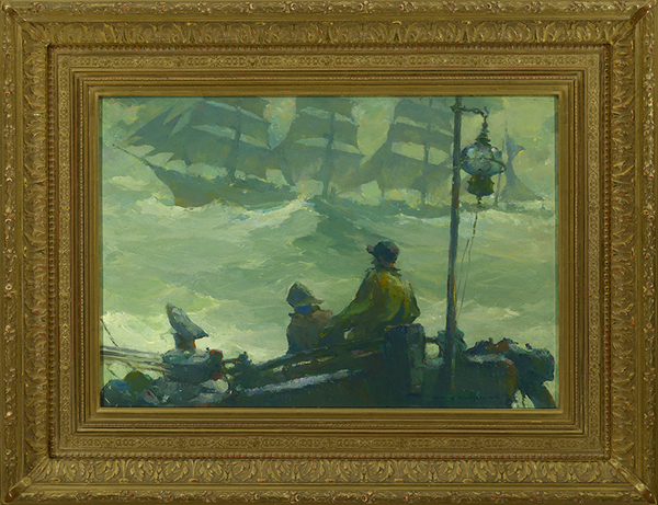 Armin C. Hansen, N.A. - "Running Mates" - Oil on canvas/board - 13 3/4"  x 20" - Signed lower right
<br>Titled and signed on reverse
<br>
<br>Exhibited: 
<br>Armin Hansen: The Artful Voyage
<br>
<br>Pasadena Museum of California Art/Jan.-May, 2015
<br>Crocker Art Museum/June – October, 2015
<br>Monterey Museum of Art/Oct. 2015 – Mar. 2016.
<br>
<br>Illustrated:  Armin Hansen: The Artful Voyage  by Scott A. Shields, PhD., pages 222, 223. Published on the occasion of the exhibition.