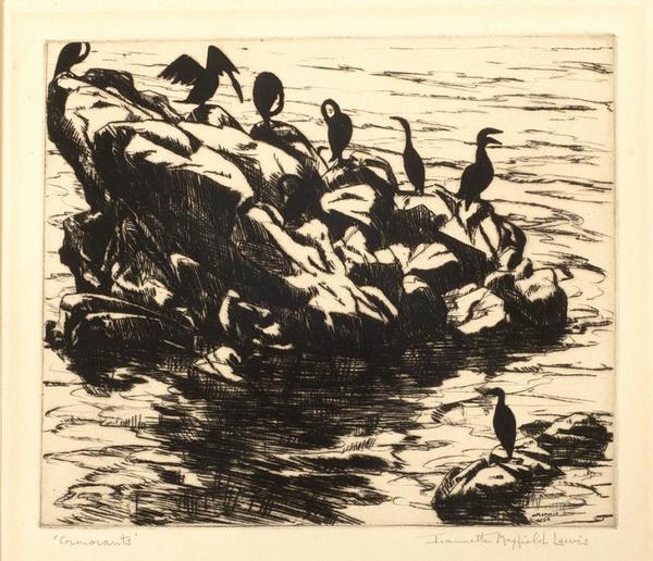 Jeannette Maxfield Lewis - "Cormorants" - Drypoint - 5 7/8" x 6 7/8" - Plate: Signed and dated lower right <br>Titled and signed in pencil<br>Edition: 17<br><br>Ex-Collection of Mrs. Betty Hoag Lochrie McGlynn, California art historian and late daughter-in-law of early California artist, Thomas A. McGlynn.