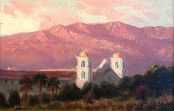 Ludmilla Pilat Welch - "Santa Barbara Mission" - Oil on panel (cigar box lid) - 5" x 7 1/2" - Signed lower right<br><br>Ex-Collection of Mrs. Betty Hoag Lochrie McGlynn, California art historian and late daughter-in-law of early California artist, Thomas A. McGlynn.