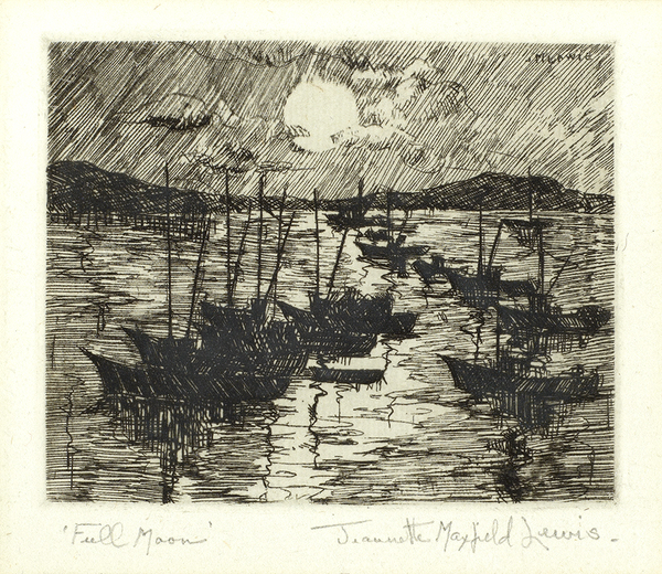 Jeannette Maxfield Lewis - "Full Moon" - Etching - 2 3/8" x 2 7/8" - Plate: Signed upper right
<br>Titled lower left & signed lower right in pencil
<br>Edition: 41
<br>Dedicated on reverse
<br>
<br>Ex-Collection of Mrs. Betty Hoag Lochrie McGlynn, California art historian and late daughter-in-law of early California artist, Thomas A. McGlynn.