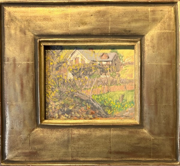 Thomas A. McGlynn - "Farm House" Thomas A. McGlynn - "Farm House" - Pastel - 6" x 8" - Retains original Myron Oliver frame.
<br>
<br>Thomas McGlynn was an early member of the Carmel Art Association, serving twice as President as well as serving on the Board and becoming a lifetime member.
<br>
<br>His paintings are among the most lyrical of the school of California Luminists. Almost completely a landscapist, his paintings convey the poetry, the sense of majesty and tranquility which he sensed in nature.