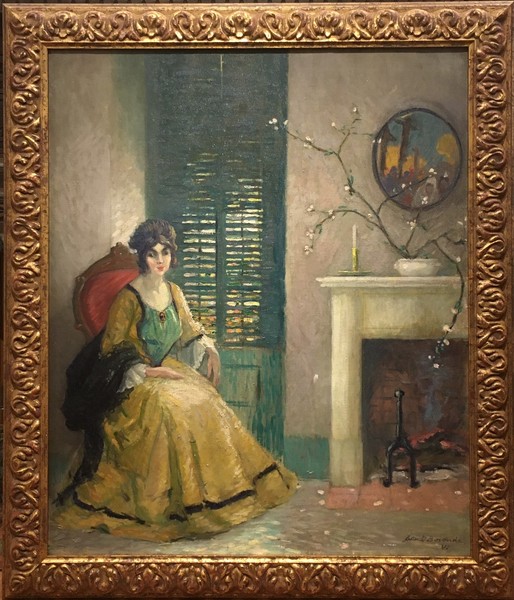 Lester Boronda - "Adobe Interior" - Monterey - Oil on canvas - 36" x 30" - Signed and monogramed lower right
<br>
<br>Exhibited: National Academy of Design, NY; Art Institute of Chicago; Corcoran Gallery, Washington, D.C.; Pennsylvania Academy of Fine Art; 
<br>prestigious Braus Gallery in New York in 1914 with a successful one-man exhibit of his Spanish California paintings.
<br>
<br>Illustrated in Art in California, 1916, Plate No. 78. (This book was written as a tribute to the successful artists of the day illustrating artworks which were exhibited at the P.P.I.E./1915; however, deciding to also include "Adobe Interior" by Boronda, a significant tribute paid to him by fellow artists who were exhibitors).
<br>
<br>Although born in Reno, NV on July 24, 1886, Boronda was a member of an early California family (his great-grandfather was a member of the second Junipero Serra expedition into Alta California in 1770). He was raised on a Salinas cattle ranch where today the family home is a state historical landmark.
<br>
<br>His art studies began in San Francisco at the Mark Hopkins Institute under Arthur Mathews and continued at the ASL in NYC under Frank Vincent DuMond. The finishing touches to his art training were under Jean Paul Laurens in Paris and in Munich. 
<br>
<br>Leaving California in 1913, he moved to New York where he established an important craftsman center which specialized in wrought iron. His painting specialty in California had been genre of old Monterey and, after moving to the East, he painted street scenes of New York. Boronda often spent summers in Mystic, CT before his death in New Canaan on Sept. 19, 1953. 
<br>
<br>	Member: Carmel Art Association; Mystic Art Association
<br>	Exhibited: Del Monte Art Gallery (Monterey), 1910; NAD; AIC; Carnegie Institute, 1912; CGA, 1914-1923; PAFA, 1924.
<br>	In: Monterey Peninsula Museum of Art; Salinas City Council; Nevada Museum (Reno); California Historical Society; PAFA; Rochester (NY) Mechanics Institute.