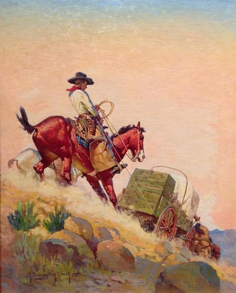 R. Farrington Elwell - "Easing Down the Chuck-Wagon" - Oil on board - 22 1/2" x 18"