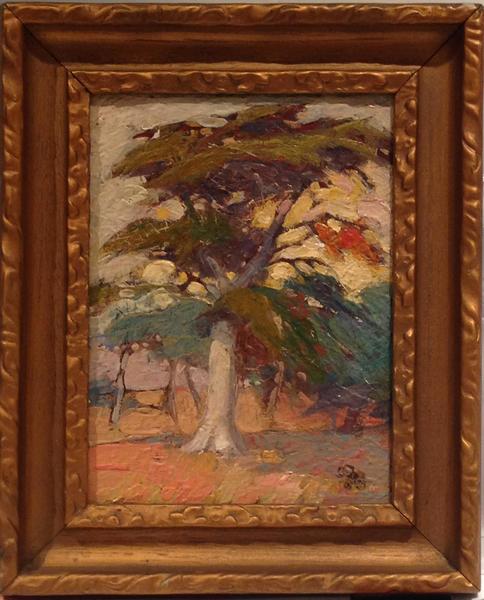 Lester Boronda - "Monterey Cypress" - Oil on board - 7" x 5 1/2" - Monogram lower right
<br>Titled and signed on reverse
<br>
<br>Although born in Reno, NV on July 24, 1886, Boronda was a member of an early California family (his great-grandfather was a member of the second Junipero Serra expedition into Alta California in 1770). He was raised on a Salinas cattle ranch where today the family home is a state historical landmark.
<br>
<br>His art studies began in San Francisco at the Mark Hopkins Institute under Arthur Mathews, where he was a classmate of Thomas A. McGlynn and E. Charlton Fortune. He also studied at the ASL in NYC under Frank Vincent DuMond. The finishing touches to his art training were under Jean Paul Laurens in Paris and in Munich. 
<br>
<br>He was an early exhibitor at the Hotel Del Monte (1910). Leaving California in 1913, he moved to New York where he established an important craftsman center which specialized in wrought iron. His painting specialty in California had been genre of old Monterey and, after moving to the East, he painted street scenes of New York.