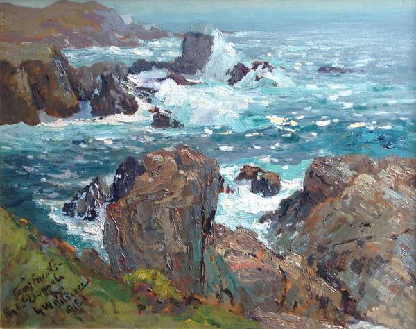 William Ritschel, N.A. - "Carmel Highlands Coast" William Ritschel, N.A. - "Carmel Highlands Coast" - Oil on board - 16" x 20" - Inscribed, signed and dated lower left: 'To my friends, the MacDougals, by W. Ritschel, 1918'. Also inscribed on reverse.
<br> Dr. MacDougal was recognized as the leading American authority on desert ecology. By 1909 he had established a coastal botanical lab for the Carnegie Institute in Carmel and he and Ritschel formed a friendship.
<br>
<br>Ritschel’s superb interpretations of the California coast earned him the title of Dean of American Marine Painters. “Few marine painters know the sea as Ritschel does…when he paints a fine marine you feel in it the beauty and the danger, the cruel, barren ocean-love which will not
<br>release the enthralled painter.” (Antony Anderson)
<br>
<br>He was a master of any mood – the violence of a storm-tossed surf, the reverent beauty of a Pacific sunset, the ethereal-like feeling of a moonlit lagoon in the South Seas.
<br>
<br>Ritschel was born in Nuremberg, Bavaria. In his youth he spent several years as a sailor before entering the Royal Academy in Munich. His talent as an artist combined with his love of the sea resulted in marine painting being the primary focus of his work.
<br>
<br>He immigrated to the United States, settling in New York City. Within a few years he was exhibiting and winning awards alongside well-known Eastern artists including Paul Dougherty, Ernest Lawson, Childe Hassam, Edward Redfield, Willard Metcalf, and J. Alden Weir. He became a member of the Salmagundi Club in 1901 and was also a member of the New York Water Color Club and the American Watercolor Society. In 1910 he was elected an Associate Member of the National Academy of Design (ANA). In 1913 he received that Academy’s Carnegie Prize and following year received the gold medal and was elected a National Academician (NA).
<br>
<br>Around 1909 Ritschel and his wife, Zora, moved to California and by 1911 became regular spring-summer residents of Carmel first renting a studio/home in the Carmel Highlands from J.F. Devendorf and Frank Powers through the Carmel Development Company. He exhibited at the S.F. Art Institute in 1911. In 1914 the New York Times called him ‘one of the strongest painters of the country’ and included him among the “notable” artists of Carmel. He won a gold medal at the P.P.I.E., 1915, and at the California State Fair in 1916. Outside of Carmel the private art gallery in the Hotel Del Monte was his most prominent venue on the Monterey Peninsula between 1916 and 1934.
<br>
<br>In 1921 he moved into the unique, castle-like, stone studio-home he had built high on a bluff overlooking the ocean in Carmel Highlands. He called it ‘Castel a Mare’. From his “Castel a Mare” Ritschel said that "He watched the sea…until he made himself master of a marine color-magic…"