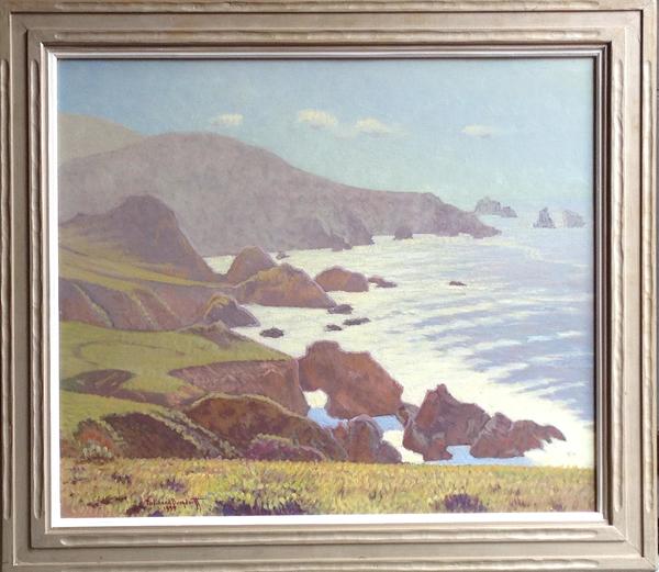 Ferdinand Burgdorff - "Pacific Coastline" - South of Carmel, - Oil on board - 24" x 28" - Signed and dated lower left
<br>Artist's studio label on reverse with title