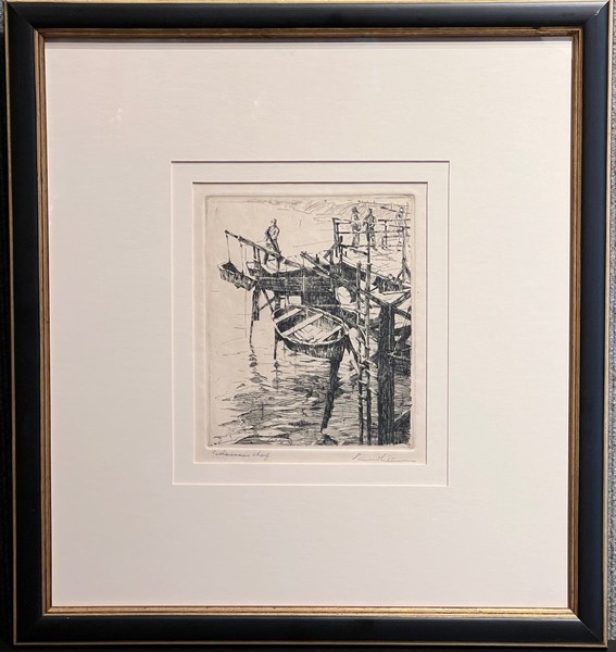 Paul Whitman - "Fisherman's Wharf" - Etching - 6" x 4.75" - Plate: Signed and dated lower left
<br>Titled in pencil lower left
<br>Signed in pencil lower right
<br>
<br>Directly from the estate of Paul Whitman
<br>
<br>Whitman would by intention prefer to challenge his considerable dawing skills by producing intricate scenes of piers and wharves.