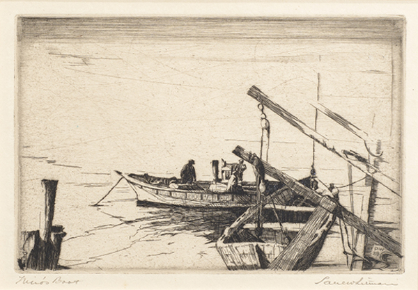 Paul Whitman - "Nino's Boat" - Etching - 4" x 6" - Plate: P.W. '29 lower right
<br>Artist Proof 
<br>Titled lower left; signed lower right
<br>Directly from the estate of Paul Whitman