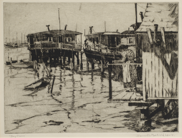 A drypoint done in 1937. Throughout the composition is the undulating, shadowed water of the Monterey Bay near Cannery Row. On the right side the shacks are lined up. A softened edge is added to the hardened daily work-life of the weather-beaten fishermen