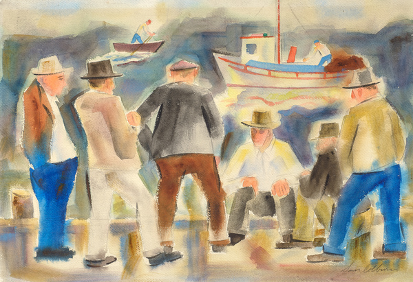 Scene in watercolor depicting a group of six fishermen on the wharf - three standing, two sitting, and one more standing. A row boat in the distance on the left; and a fishing boat a little further forward to the right.
