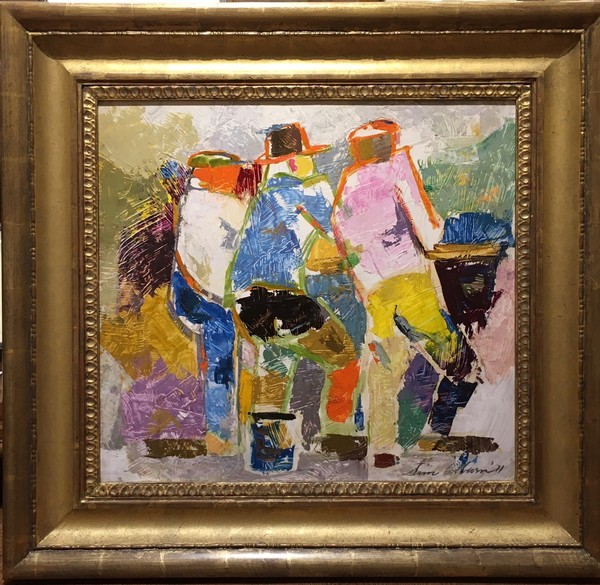 Samuel  Bolton Colburn - "Three Fishermen on the Wharf" - Oil on masonite - 19 1/2" x 21" - Signed and dated lower right: Sam Colburn '71
<br>
<br>
<br>Although Colburn was known for his watercolors, pastels and charcoals, he excelled in oil - a rarely painted medium by the artist.