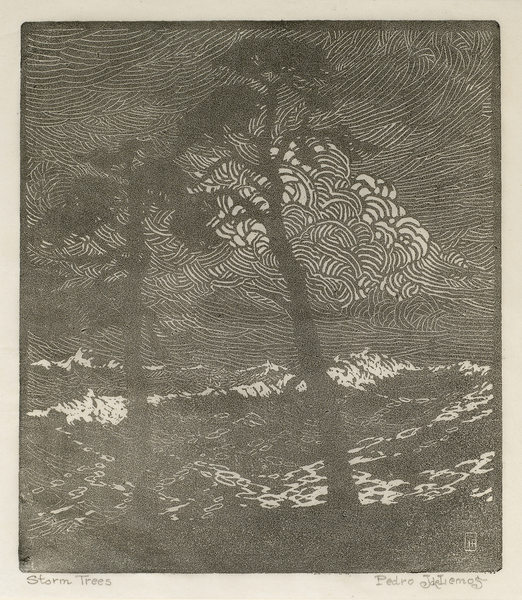 Pedro J. de Lemos - "Storm Trees" For a wood engraving the artist sees his composition as a design with black lines on a white background or white lines on a black background. In this wood engraving two tall trees silouetted against the violent sea - the contours range from the intricate