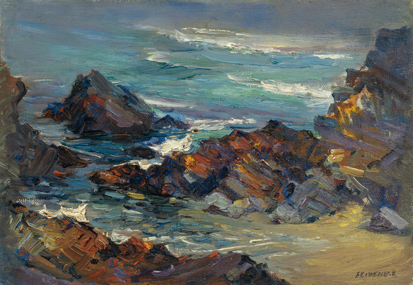 George Joseph Seideneck - "Rocky Coast - Carmel" - Oil on canvas/board - 9" x 13" - Estate signed lower right<br>PROVENANCE: From the estate of:<br>GEORGE J. SEIDENECK<br>Carmel Valley, Dec. 1, 1972<br>Arne Halle – Trustee<br><br><br>~An accomplished artisan and teacher ~<br>Won recognition as a portraiture, photographer and landscape painter<br><br>As a youth, he had a natural talent for art and excelled in drawing boats on Lake Michigan. Upon graduation from high school, he briefly became an apprentice to a wood engraver. He received his early art training in Chicago at the Smith Art Academy and then worked as a fashion illustrator. He attended night classes at the Chicago Art Institute and the Palette & Chisel Club. <br><br>In 1911 Seideneck spent three years studying and painting in Europe. When he returned to Chicago he taught composition, life classes and portraiture at the Academy of Fine Art and Academy of Design.<br><br>He made his first visit to the West Coast in 1915 to attend the P.P.I.E. (SF).  Seideneck again came to California in 1918 on a sketching tour renting the temporarily vacant Carmel Highlands home of William Ritschel. While in Carmel he met artist Catherine Comstock, also a Chicago-born Art Institute-trained painter. They married in 1920 and made Carmel their home, establishing studios in the Seven Arts Building and becoming prominent members of the local arts community.