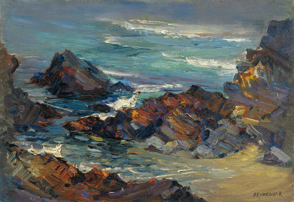 George Joseph Seideneck - "Rocky Coast - Carmel" - Oil on canvas/board - 9" x 13" - Estate signed lower right
<br>PROVENANCE: From the estate of:
<br>GEORGE J. SEIDENECK
<br>Carmel Valley, Dec. 1, 1972
<br>Arne Halle – Trustee
<br>
<br>
<br>~An accomplished artisan and teacher ~
<br>Won recognition as a portraiture, photographer and landscape painter
<br>
<br>As a youth, he had a natural talent for art and excelled in drawing boats on Lake Michigan. Upon graduation from high school, he briefly became an apprentice to a wood engraver. He received his early art training in Chicago at the Smith Art Academy and then worked as a fashion illustrator. He attended night classes at the Chicago Art Institute and the Palette & Chisel Club. 
<br>
<br>In 1911 Seideneck spent three years studying and painting in Europe. When he returned to Chicago he taught composition, life classes and portraiture at the Academy of Fine Art and Academy of Design.
<br>
<br>He made his first visit to the West Coast in 1915 to attend the P.P.I.E. (SF).  Seideneck again came to California in 1918 on a sketching tour renting the temporarily vacant Carmel Highlands home of William Ritschel. While in Carmel he met artist Catherine Comstock, also a Chicago-born Art Institute-trained painter. They married in 1920 and made Carmel their home, establishing studios in the Seven Arts Building and becoming prominent members of the local arts community.