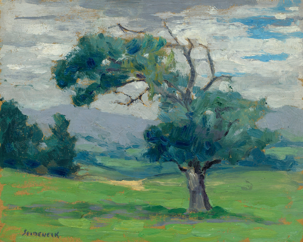 George Joseph Seideneck - "Landscape near Carmel" - Oil on board - 10 1/4" x 13" - Estate signed lower left
<br>PROVENANCE: From the estate of:
<br>GEORGE J. SEIDENECK
<br>Carmel Valley, Dec. 1, 1972
<br>Arne Halle – Trustee
<br>
<br>~An accomplished artisan and teacher ~
<br>Won recognition as a portraiture, photographer and landscape painter
<br>
<br>As a youth, he had a natural talent for art and excelled in drawing boats on Lake Michigan. Upon graduation from high school, he briefly became an apprentice to a wood engraver. He received his early art training in Chicago at the Smith Art Academy and then worked as a fashion illustrator. He attended night classes at the Chicago Art Institute and the Palette & Chisel Club. 
<br>
<br>In 1911 Seideneck spent three years studying and painting in Europe. When he returned to Chicago he taught composition, life classes and portraiture at the Academy of Fine Art and Academy of Design.
<br>
<br>He made his first visit to the West Coast in 1915 to attend the P.P.I.E. (SF).  Seideneck again came to California in 1918 on a sketching tour renting the temporarily vacant Carmel Highlands home of William Ritschel. While in Carmel he met artist Catherine Comstock, also a Chicago-born Art Institute-trained painter. They married in 1920 and made Carmel their home, establishing studios in the Seven Arts Building and becoming prominent members of the local arts community.