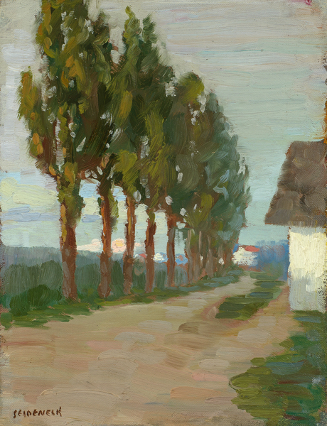 George Joseph Seideneck - "Tree Lined Country Road" - Oil on canvas/board - 12" x 9 1/4" - Estate signed lower left
<br>
<br>~An accomplished artisan and teacher ~
<br>Won recognition as a portraiture, photographer and landscape painter
<br>
<br>As a youth, he had a natural talent for art and excelled in drawing boats on Lake Michigan. Upon graduation from high school, he briefly became an apprentice to a wood engraver. He received his early art training in Chicago at the Smith Art Academy and then worked as a fashion illustrator. He attended night classes at the Chicago Art Institute and the Palette & Chisel Club. 
<br>
<br>In 1911 Seideneck spent three years studying and painting in Europe. When he returned to Chicago he taught composition, life classes and portraiture at the Academy of Fine Art and Academy of Design.
<br>
<br>He made his first visit to the West Coast in 1915 to attend the P.P.I.E. (SF).  Seideneck again came to California in 1918 on a sketching tour renting the temporarily vacant Carmel Highlands home of William Ritschel. While in Carmel he met artist Catherine Comstock, also a Chicago-born Art Institute-trained painter. They married in 1920 and made Carmel their home, establishing studios in the Seven Arts Building and becoming prominent members of the local arts community.