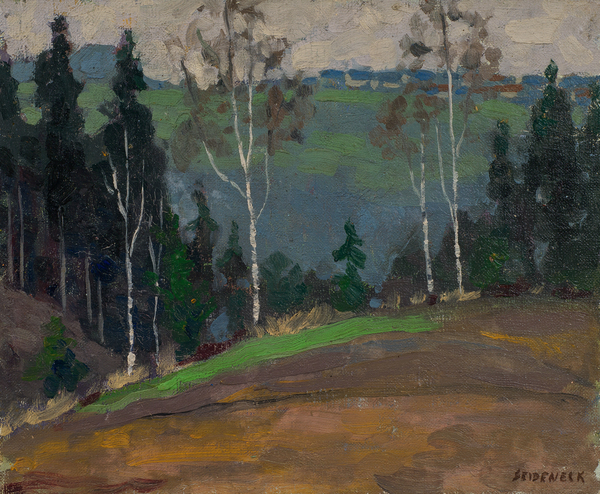 George Joseph Seideneck - "Houses on the Hillside" George Joseph Seideneck - "Houses on the Hillside" - Oil on canvas/board - 10 1/2" x 13" - Estate signed lower right
<br>PROVENANCE: From the estate of:
<br>GEORGE J. SEIDENECK
<br>Carmel Valley, Dec. 1, 1972
<br>Arne Halle – Trustee
<br>
<br>~An accomplished artisan and teacher ~
<br>Won recognition as a portraiture, photographer and landscape painter
<br>
<br>As a youth, he had a natural talent for art and excelled in drawing boats on Lake Michigan. Upon graduation from high school, he briefly became an apprentice to a wood engraver. He received his early art training in Chicago at the Smith Art Academy and then worked as a fashion illustrator. He attended night classes at the Chicago Art Institute and the Palette & Chisel Club.
<br>
<br>In 1911 Seideneck spent three years studying and painting in Europe. When he returned to Chicago he taught composition, life classes and portraiture at the Academy of Fine Art and Academy of Design.
<br>
<br>He made his first visit to the West Coast in 1915 to attend the P.P.I.E. (SF). Seideneck again came to California in 1918 on a sketching tour renting the temporarily vacant Carmel Highlands home of William Ritschel. While in Carmel he met artist Catherine Comstock, also a Chicago-born Art Institute-trained painter. They married in 1920 and made Carmel their home, establishing studios in the Seven Arts Building and becoming prominent members of the local arts community.