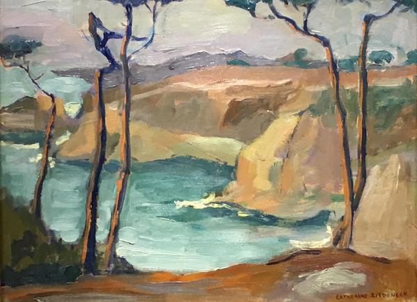 Catherine Comstock Seideneck - "China Cove at Pt. Lobos" - Oil on board - 14" x 18 3/4" - Estate signed lower right<br><br>~An accomplished artisan and teacher ~<br>Equally skilled as a painter of oil, watercolor, pastel, and oil wash