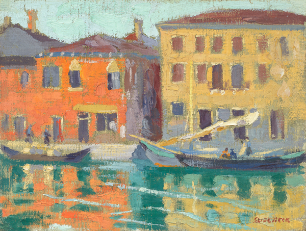 George Joseph Seideneck - "Canal in Venice, Italy" - Oil on canvas/board - 9 3/4" x 13 1/4" - Estate signed lower right
<br>
<br>~An accomplished artisan and teacher ~
<br>Won recognition as a portraiture, photographer and landscape painter
<br>
<br>As a youth, he had a natural talent for art and excelled in drawing boats on Lake Michigan. Upon graduation from high school, he briefly became an apprentice to a wood engraver. He received his early art training in Chicago at the Smith Art Academy and then worked as a fashion illustrator. He attended night classes at the Chicago Art Institute and the Palette & Chisel Club. 
<br>
<br>In 1911 Seideneck spent three years studying and painting in Europe. When he returned to Chicago he taught composition, life classes and portraiture at the Academy of Fine Art and Academy of Design.
<br>
<br>He made his first visit to the West Coast in 1915 to attend the P.P.I.E. (SF).  Seideneck again came to California in 1918 on a sketching tour renting the temporarily vacant Carmel Highlands home of William Ritschel. While in Carmel he met artist Catherine Comstock, also a Chicago-born Art Institute-trained painter. They married in 1920 and made Carmel their home, establishing studios in the Seven Arts Building and becoming prominent members of the local arts community.