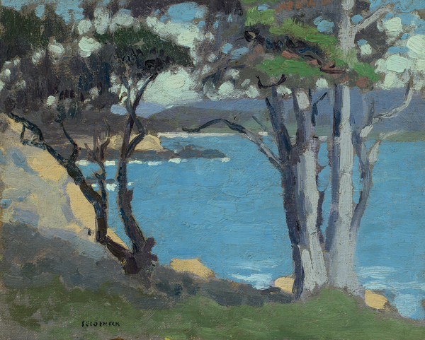 George Joseph Seideneck - "Carmel Coast" - Oil on canvas - 10 1/2" x 13" - Signed lower left<br><br>~An accomplished artisan and teacher ~<br>Won recognition as a portraiture, photographer and landscape painter<br><br>As a youth, he had a natural talent for art and excelled in drawing boats on Lake Michigan. Upon graduation from high school, he briefly became an apprentice to a wood engraver. He received his early art training in Chicago at the Smith Art Academy and then worked as a fashion illustrator. He attended night classes at the Chicago Art Institute and the Palette & Chisel Club. <br><br>In 1911 Seideneck spent three years studying and painting in Europe. When he returned to Chicago he taught composition, life classes and portraiture at the Academy of Fine Art and Academy of Design.<br><br>He made his first visit to the West Coast in 1915 to attend the P.P.I.E. (SF).  Seideneck again came to California in 1918 on a sketching tour renting the temporarily vacant Carmel Highlands home of William Ritschel. While in Carmel he met artist Catherine Comstock, also a Chicago-born Art Institute-trained painter. They married in 1920 and made Carmel their home, establishing studios in the Seven Arts Building and becoming prominent members of the local arts community.