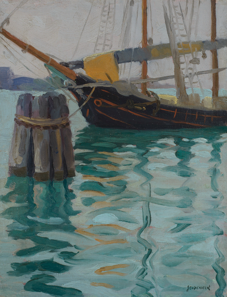 George Joseph Seideneck - "Cargo Boat - Venice, Italy" - Oil on canvas - 13" x 10" - Signed lower right<br><br>~An accomplished artisan and teacher ~<br>Won recognition as a portraiture, photographer and landscape painter<br><br>As a youth, he had a natural talent for art and excelled in drawing boats on Lake Michigan. Upon graduation from high school, he briefly became an apprentice to a wood engraver. He received his early art training in Chicago at the Smith Art Academy and then worked as a fashion illustrator. He attended night classes at the Chicago Art Institute and the Palette & Chisel Club. <br><br>In 1911 Seideneck spent three years studying and painting in Europe. When he returned to Chicago he taught composition, life classes and portraiture at the Academy of Fine Art and Academy of Design.<br><br>He made his first visit to the West Coast in 1915 to attend the P.P.I.E. (SF).  Seideneck again came to California in 1918 on a sketching tour renting the temporarily vacant Carmel Highlands home of William Ritschel. While in Carmel he met artist Catherine Comstock, also a Chicago-born Art Institute-trained painter. They married in 1920 and made Carmel their home, establishing studios in the Seven Arts Building and becoming prominent members of the local arts community.